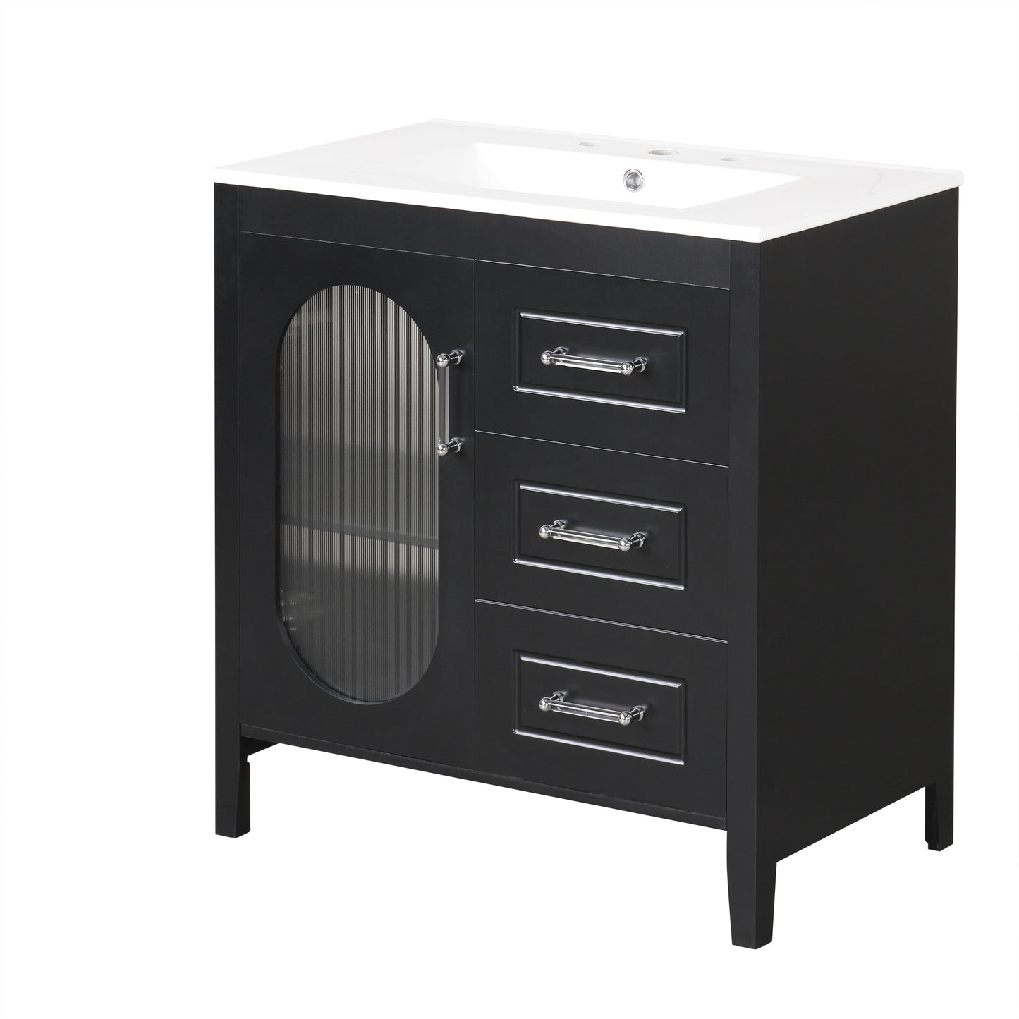 30" Bathroom Vanity with Sink, Bathroom Vanity Cabinet with Two Drawers and Door, Adjustable Shelf, Solid Wood and MDF, Black