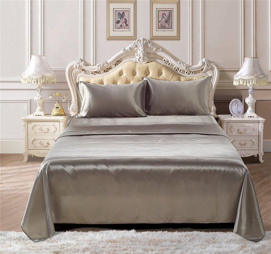 Solid Color Bedding Satin Silk Flat Fitted Sheet With Pillowcases Set