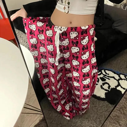 New Fashion Sanrio Hello Kitty Loose High Waist Pants Lovely Casual Thin Pajamas Trousers Women Wide Leg Pant Y2K Girl Gift