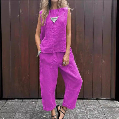 Spring Summer New Solid Color Sleeveless Cotton And Linen Women's Suit Simple Fashion Pocket Casual Long Pants Female 2piece Set