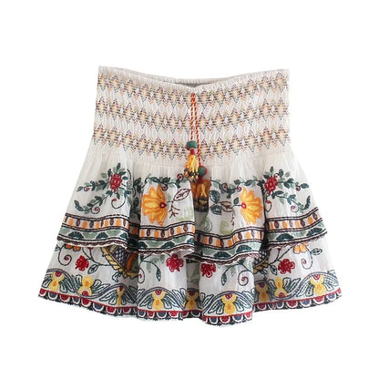 Batwing Sleeve Women Autumn Embriodery Paisley Print Skirt Set Outfits V Neck Button Tiered Mini Skirt Dress Suit Vintage Set