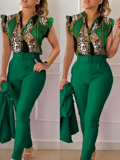 Womens Elegant Slim Two-Piece Sets Summer Fashion Print V Neck Button Flying Sleeve Shirt Top & Solid Long Pants Suits With Belt