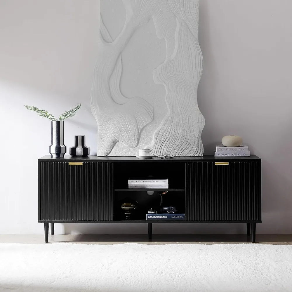 Black TV Stand,  65+ Inch TV, Fluted Panel Media Console with Sliding Doors & Ajustable Shelves,Stand with Storage Cabinets