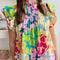 Multicolor Abstract Print Layered Ruffle Sleeve Pleated Blouse