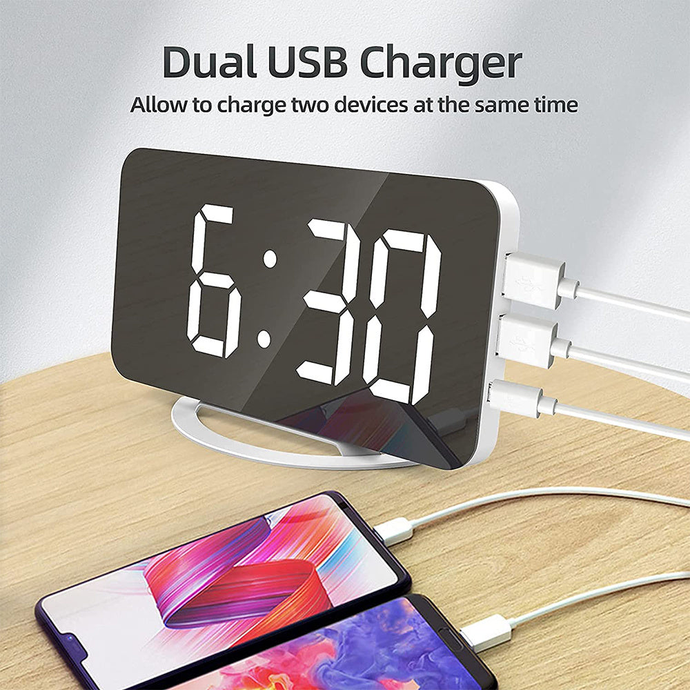 Digital Mirror Clock Dual USB Brightness Adjustable LED Display Table Alarm Dual USB Snooze Time Display For Home Office Bedroom