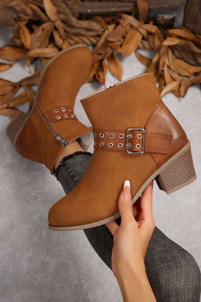 Chestnut Eyelet Buckled Chunky Heel Faux Leather Ankle Boots