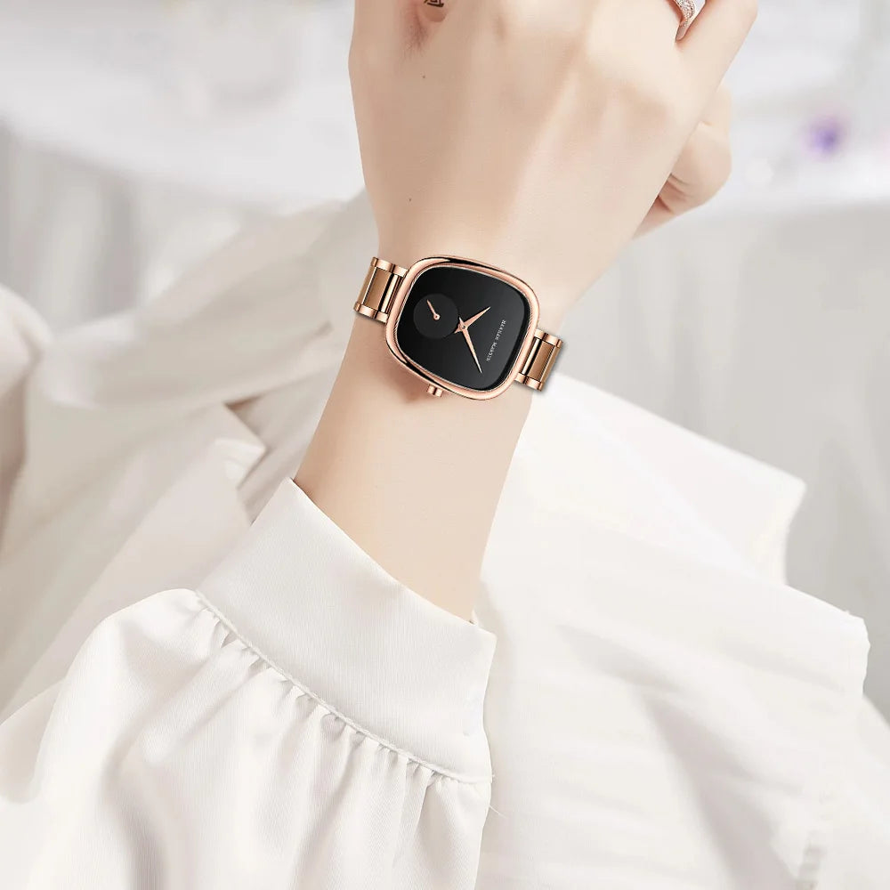 2023 New Women's Quartz Wristwatch 34mm Wine Barrel Rose Gold Black Stopwatch Fashionable Minimalist Style Oval Women's Watches