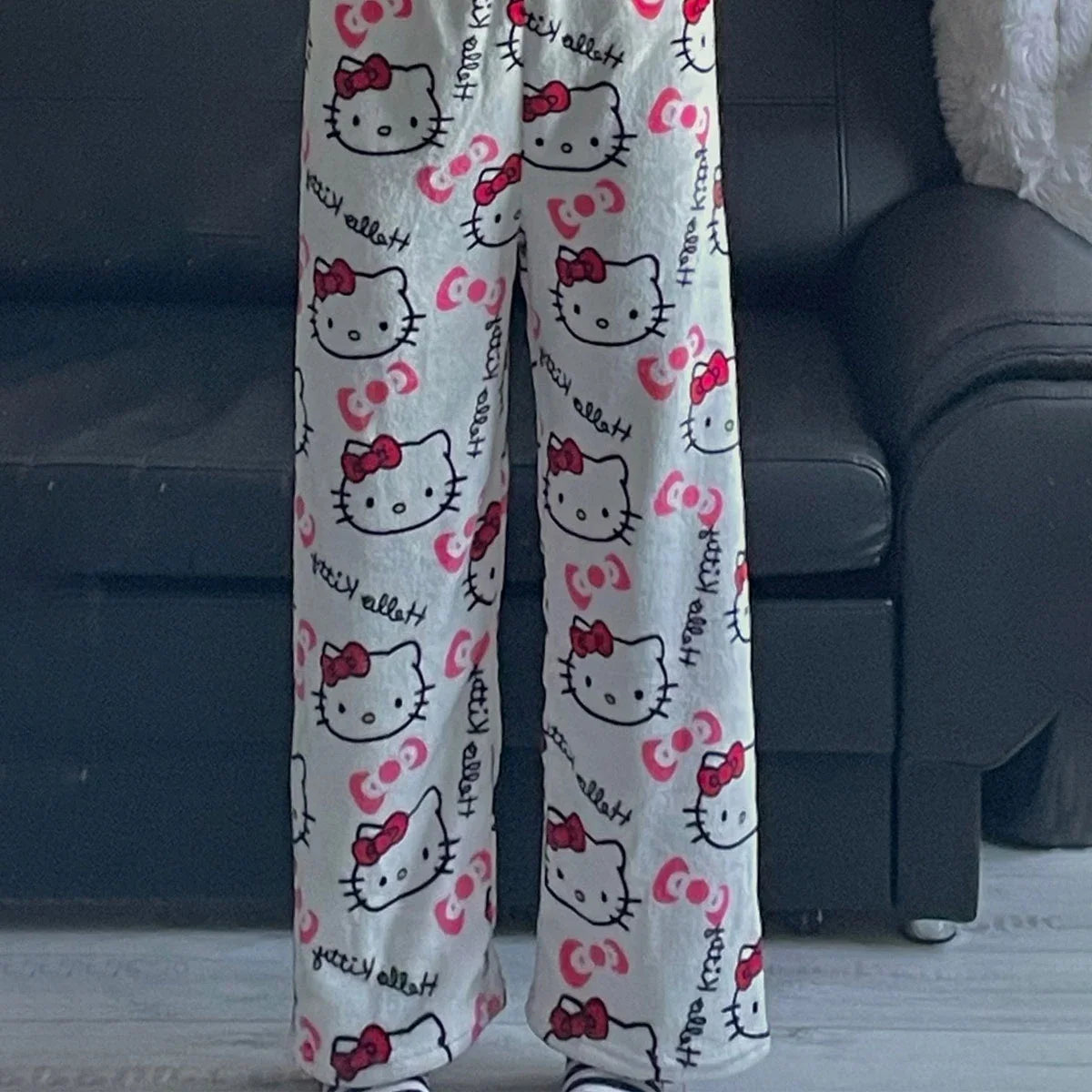 2024 Sanrio Hello Kitty Pajamas Halloween Flannel Anime Cartoon  Fashion Trouserswomen Kawaii Woolen  Casual Home Pants Trousers