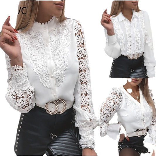 Fashion Lace Long Sleeve V Neck Button Shirt Women