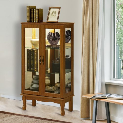 Curio Cabinet Lighted Curio Diapaly Cabinet With Adjustable Shelves And Mirrored Back Panel, Tempered Glass Doors