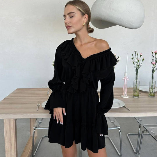 Fashion V Neck Pleated Ruffle Long Sleeve Dress Y2K V Neck Flared Sleeve Short Dress Women's Clothing