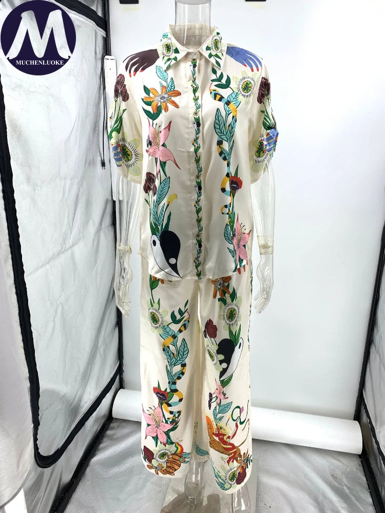 2 Piece Sets Women Outfit Summer New Bohemian Style Printing Half Sleeve Shirt Suits Fashionable Casual Loose Wide Leg Pant Set