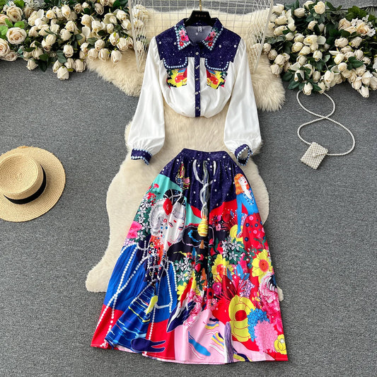 Womens 2 Piece Outfit Set 2023 Fashion Elegant Vintage Print Skirt Sets Long Sleeve Shirt And Midi Skirt Co Ord Sets For Women