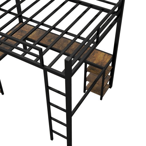 Full Metal Loft Bed With Desk And Shelves, Loft Bed With Ladder And Guardrails, Loft Bed Frame For Bedroom