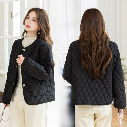 Xiaoxiangfeng temperament diamond grid cotton jacket loose casual thin cotton jacket women's winter cotton jacket cardigan