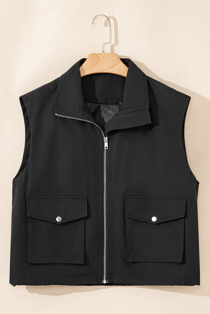 Black Flap Pockets Zip Up High Neck Vest