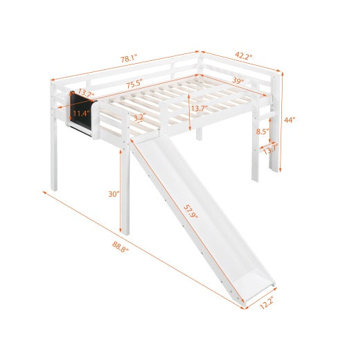 Twin Size Loft Bed Wood Bed With Slide, Stair And Chalkboard,White