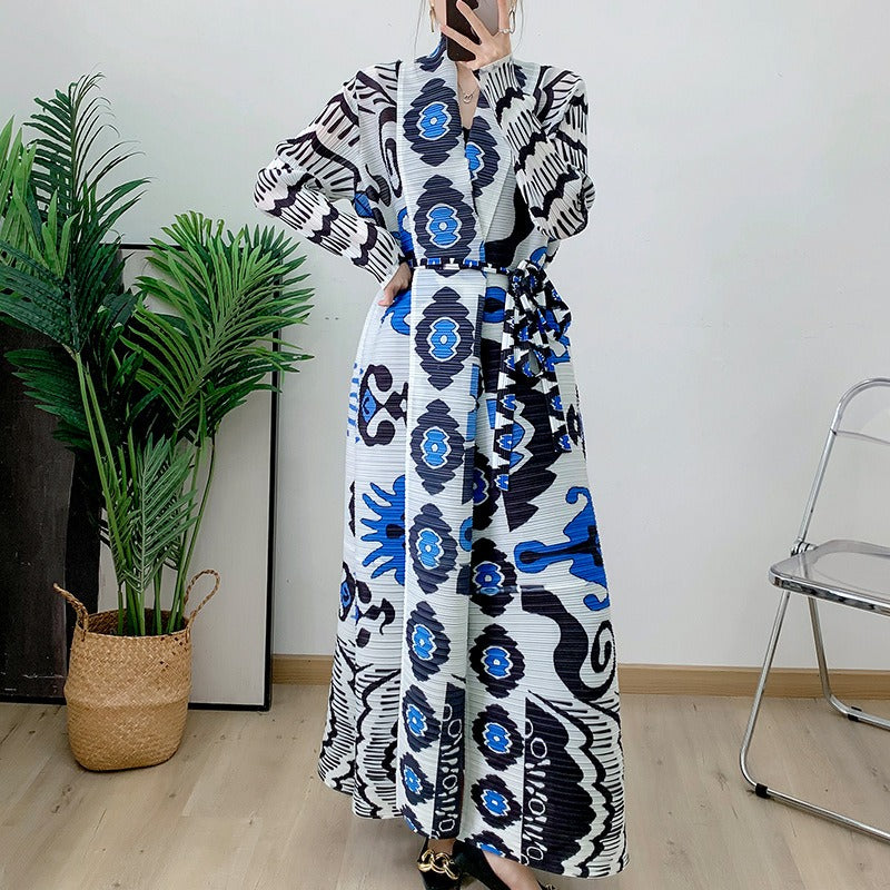 Robe pleated long sleeved coat outerwear cloak printed for women