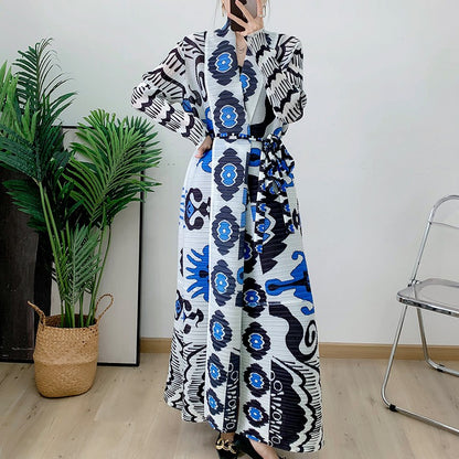 Robe pleated long sleeved coat outerwear cloak printed for women