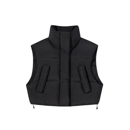 Solid Stand Collar Sleeveless Down Jacket Short Waistcoats Zipper Warm Vest Women Coats Winter  Autumn