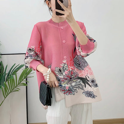 Pink pleated loose short top outerwear shirt for women