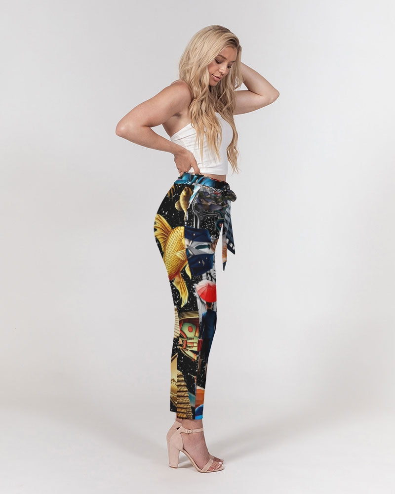 Trendy Abstrak Pattern Women's All-Over Print Belted Tapered Pants