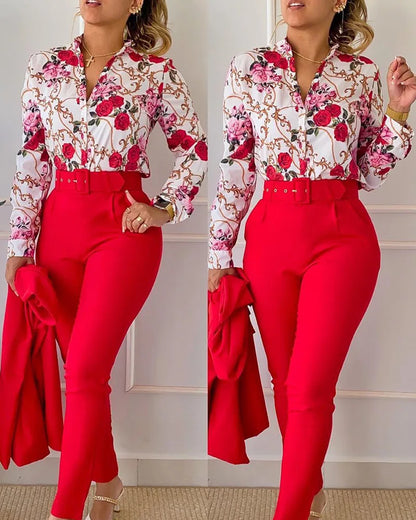 elegant print shirt and pants two piece sets women 2023 spring autumn fashion long sleeve shirts high waist pant casual suits