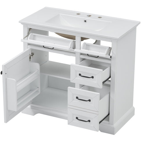 36Bathroom Vanity With Sink, Ceramic Sink, 2 Tip-out Drawers, Soft Close Door Hinges, White