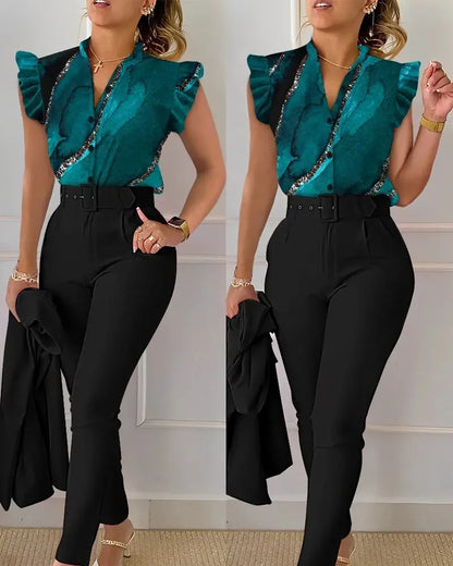 Womens Elegant Slim Two-Piece Sets Summer Fashion Print V Neck Button Flying Sleeve Shirt Top & Solid Long Pants Suits With Belt