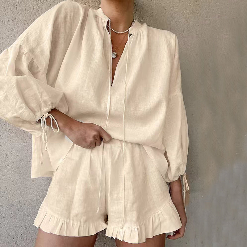 Lace-up Suits Loose V-neck Lantern Sleeve Top And Ruffles Shorts Solid Two-piece Set Womens Clothing