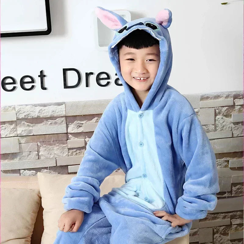 Disney Lilo & Stitch One-Piece Pajamas Children Cartoon Plush Kigurumi Onesies Winter Warm Clothes for Boys Girls Christmas Gift