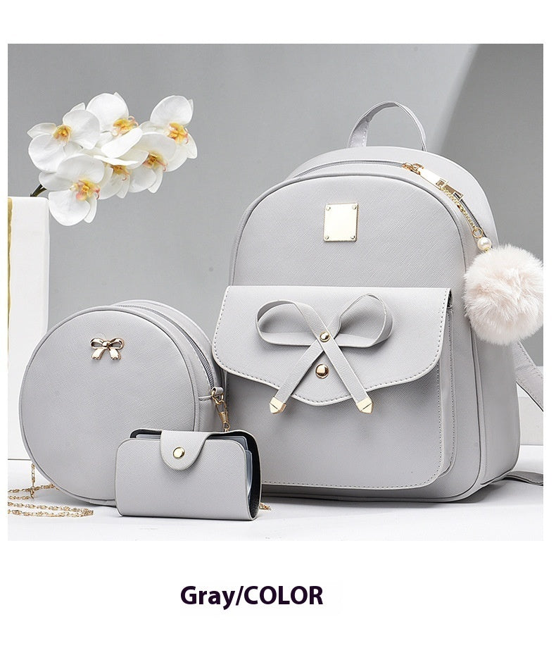 Fashion Women's Bags PU Bow Composite Bag Young Girl Student Cute Shoulders Backpack Crossbody Bags Coin Purse 3pcs Set