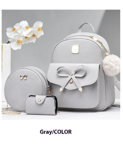 Fashion Women's Bags PU Bow Composite Bag Young Girl Student Cute Shoulders Backpack Crossbody Bags Coin Purse 3pcs Set