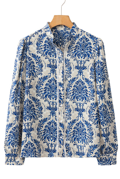 Sky Blue Bohemian Print Puff Sleeve Button-up Shirt