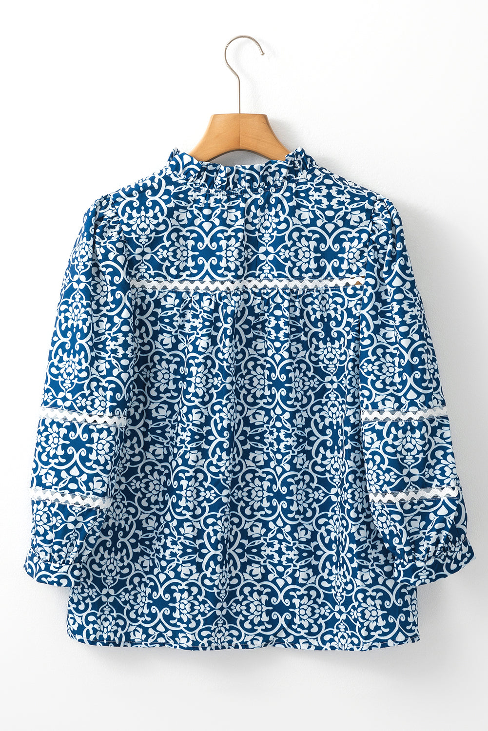 Blue Floral Ric-rac Patchwork Button Loose Fit Shirt