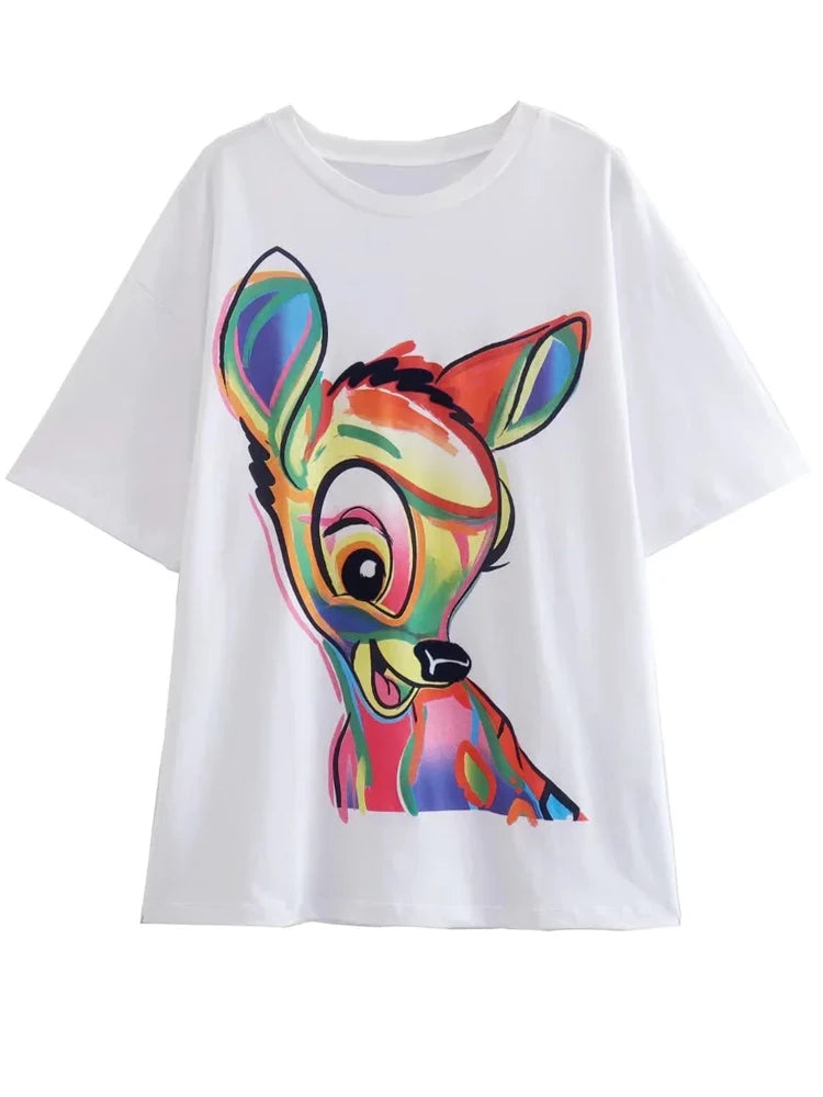 Disney T-Shirt Bambi Deer Fashion Women T-Shirt Summer Cartoon O-Neck Short Sleeve T-Shirt Women Casual Tee Tops Female Femmes