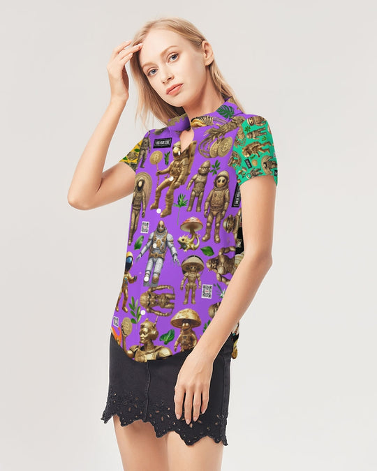 Ancient Abstrak Collection Women's All-Over Print Short Sleeve Button Up