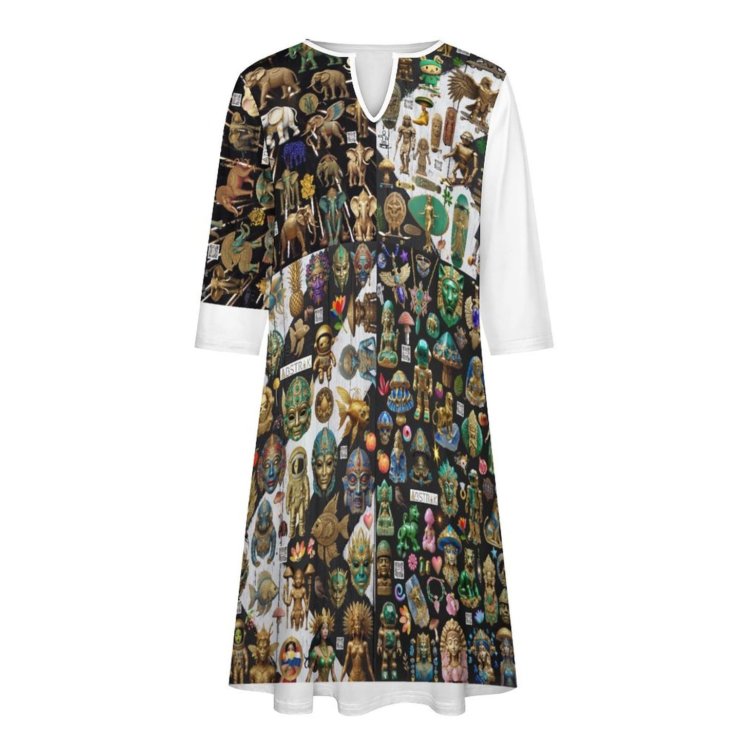 V-neck 3/4 Sleeve Dress with Pockets (All-Over Printing)