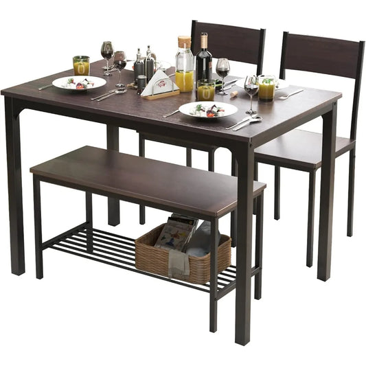 4 Person Dining Table Set,43.3 inch Kitchen Table Set for 4,2 Chairs with Backrest,2-Person Bench with Storage Rack