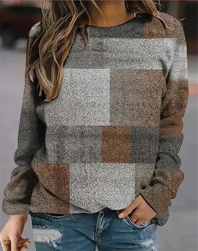 Casual Plaid Loose Print Long Sleeve Crew Neck Sweater Women's