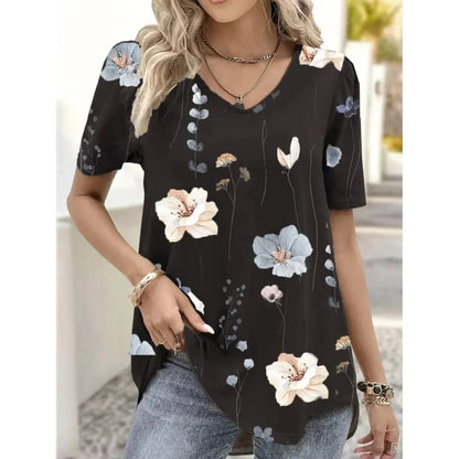 Fashion Woman Blouses 2024 T-shirt Women's 3d Flower Print White Kawaii V-neck T Shirt Female Clothing Oversized Summer Tops Tee