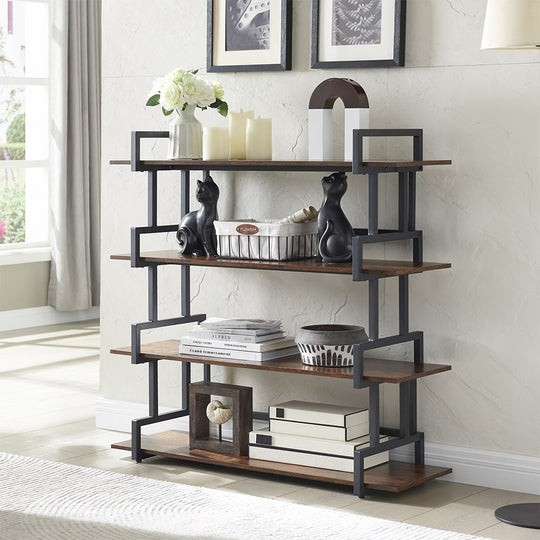 Industrial 4-tier Bookshelves, Metal And Wood Bookshelves, Open Widescreen Display Storage Bookshelves