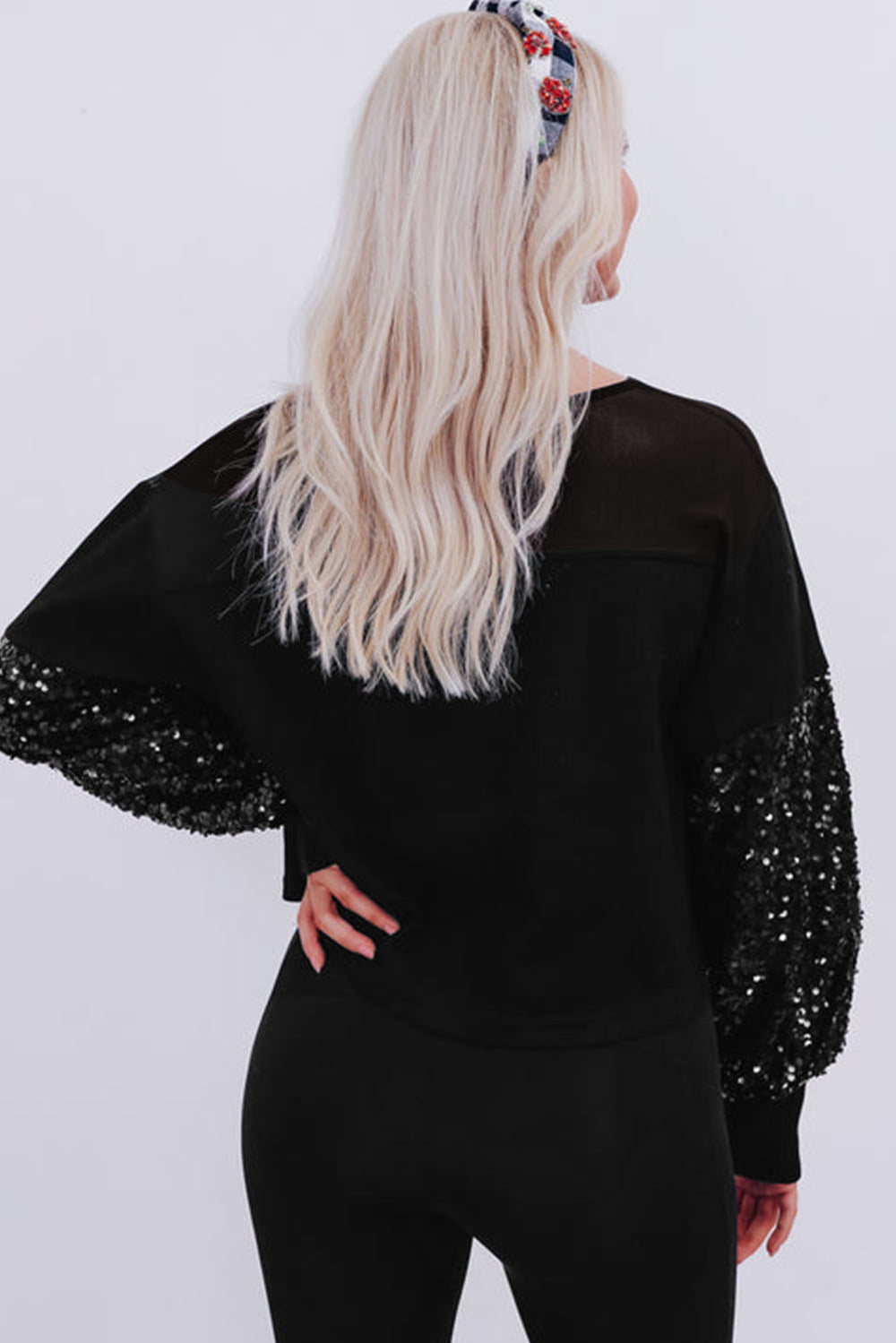 Black Sequin Patchwork Lantern Sleeve Blouse