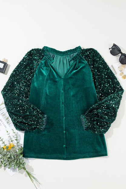 Evergreen Sequin Patchwork Sleeve Button Up Velvet Top