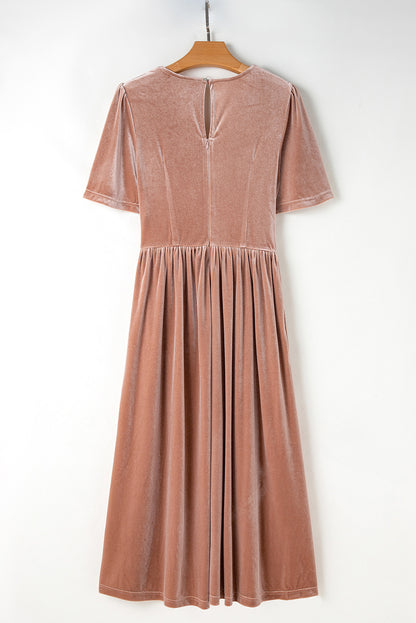 Chestnut Velvet Lacy V Neckline Short Sleeve Empire Waist Flowy Maxi Dress