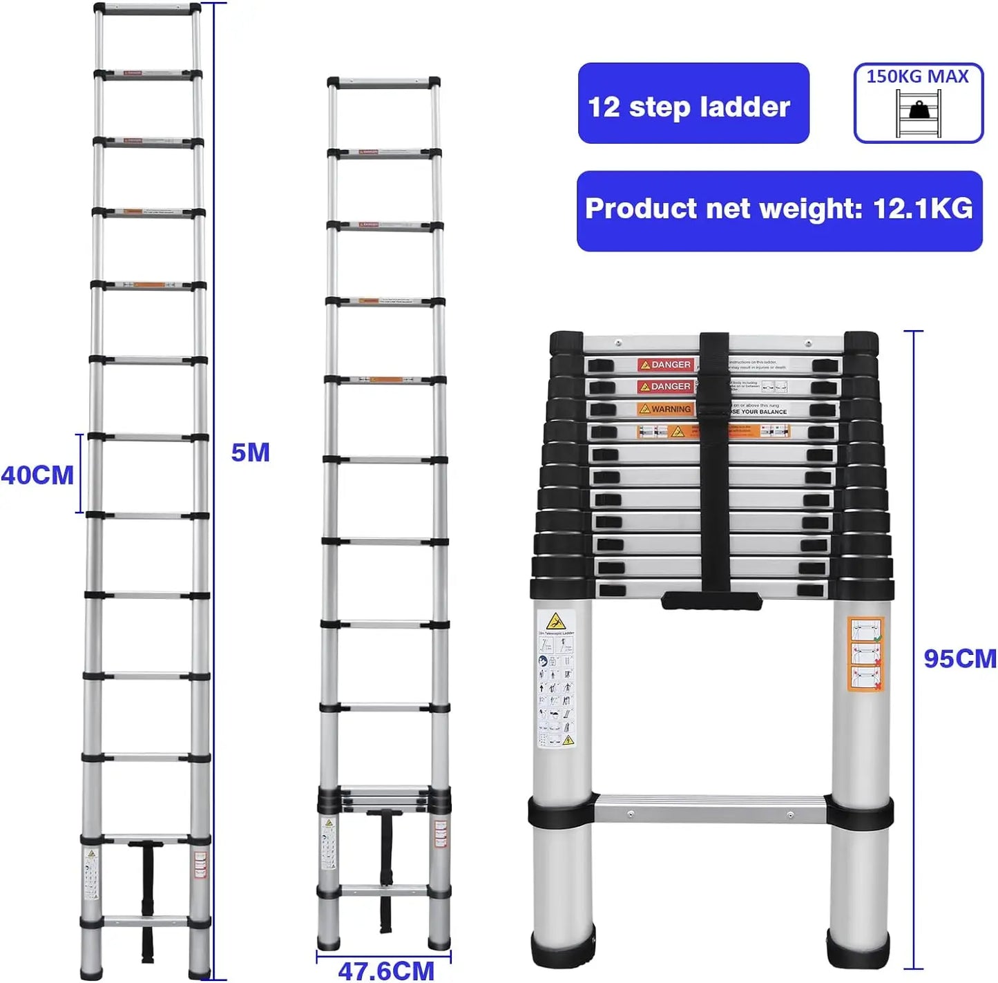 DayPlus 2.6M-5M Telescopic Ladder Sturdy Aluminum Telescoping Extension Ladder 330lb Max Load EN131 for Household Outdoor Work