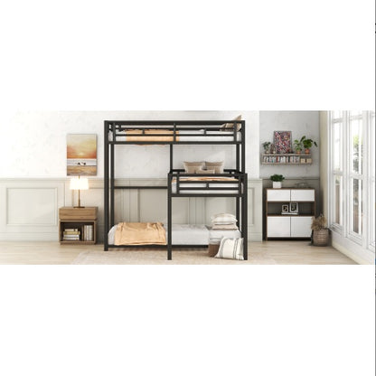 L-shaped Metal Triple Twin Size Bunk Bed, Black