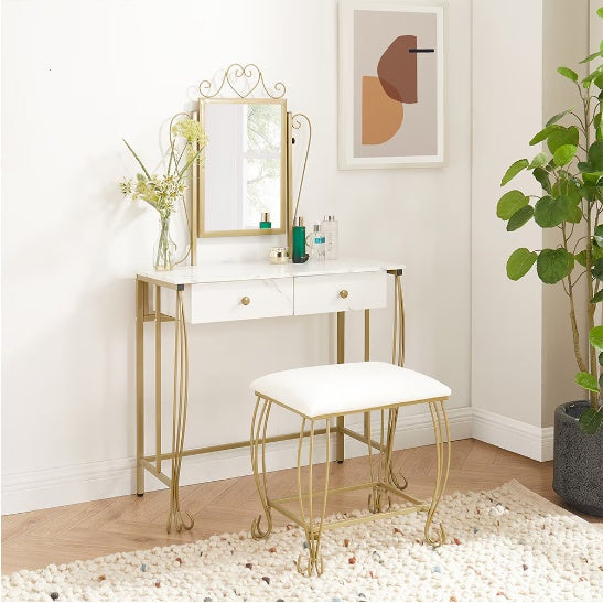 Vanity Table Set With Mirror & Stool,White Makeup Dressing Desk With Drawers For Girls,Women,Bedroom