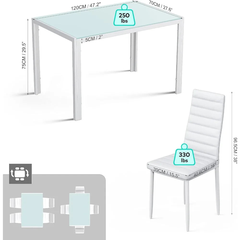 5 Piece Glass Dining Table Set, Kitchen & 4 Person Chair, PU Leather Modern Room Set, For Family, Kitchen, Living Room