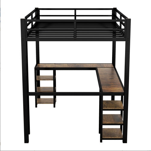 Full Metal Loft Bed With Desk And Shelves, Loft Bed With Ladder And Guardrails, Loft Bed Frame For Bedroom